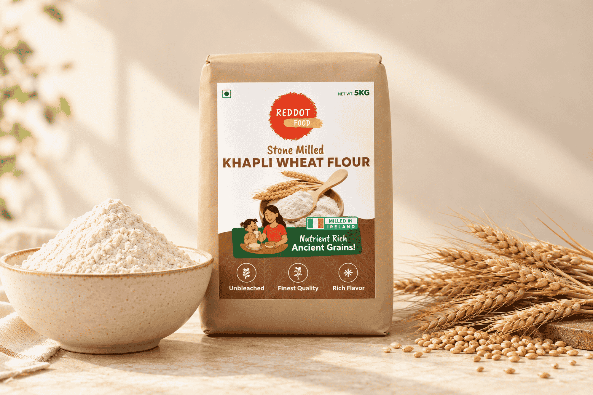 Khapli Wheat Flour, stone-ground Emmer wheat flour by Reddot Food, freshly milled in Ireland for nutritious and flavorful cooking.